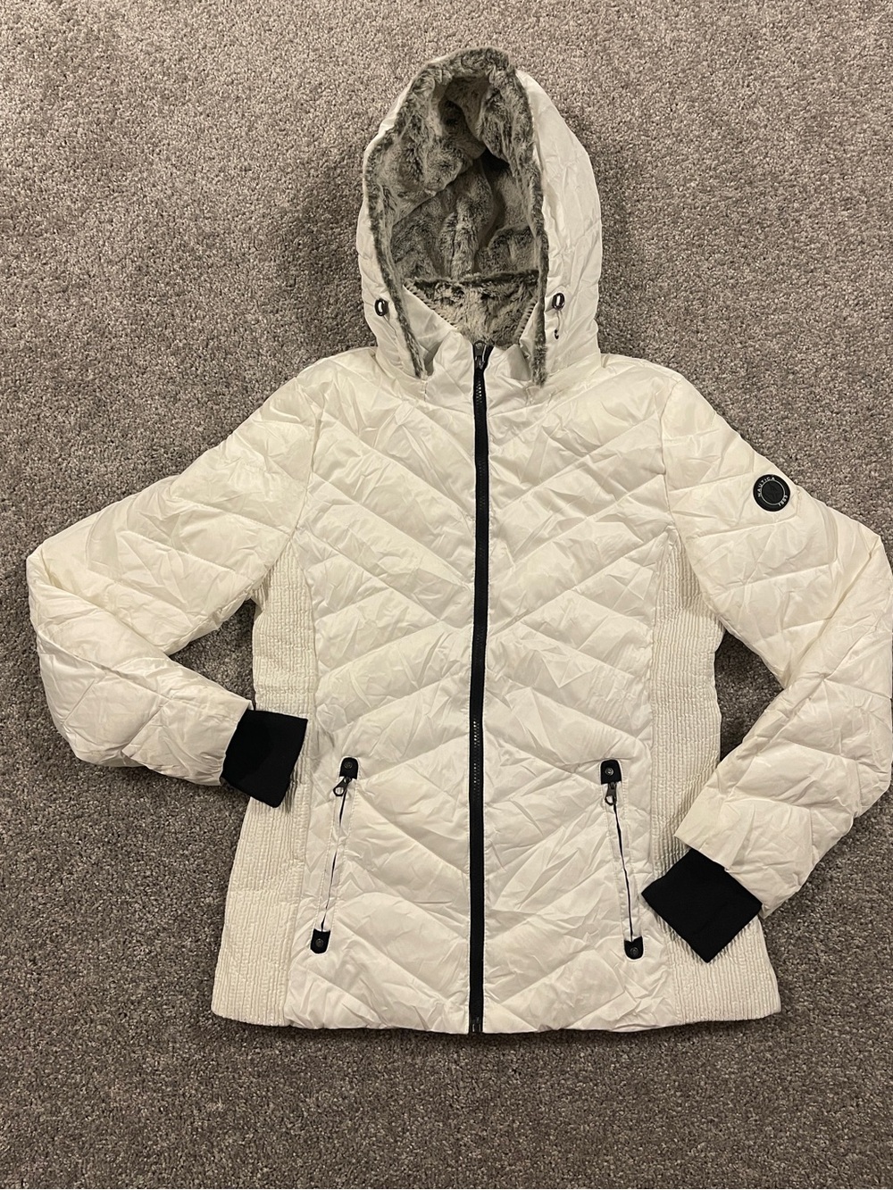 Nautica White Quilted Snow Bunny Puffer Coat Faux Fur Hood Winter Jacket Sz M